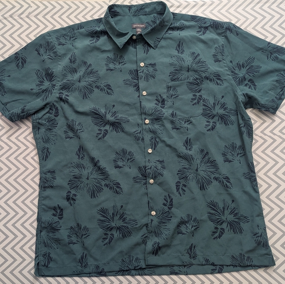 Mens Van Heusen Button Down Shirt Short Sleeve Green Blue Floral Size XXL